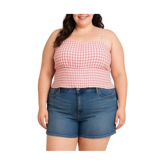 American Eagle Womens Pink White Gingham Smocked Crop Top Strappy Plus Size XXL - Picture 1 of 8